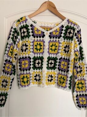 Granny Square Crochet Unbranded Multicolor Crop Cardigan Sweater Small Purple